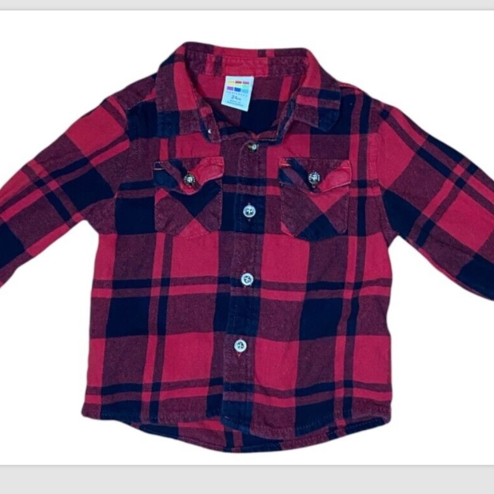 24 Month red flannel buffalo plaid button shirt toddler Christmas shirt baby boy